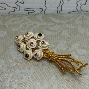 Vtg MAMSELLE Gold and Enameled Rose Brooch